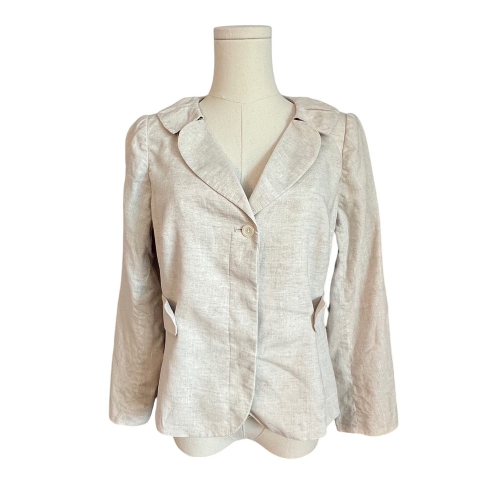 JON Oatmeal Beige 100% Linen Ruffle Collar Single Button Blazer Jacket Womens 8